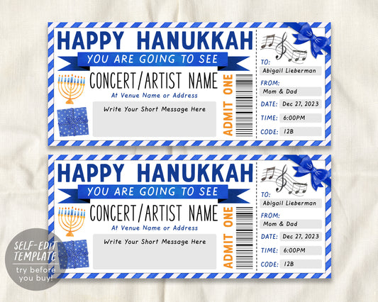 happy Hanukkah Concert Ticket Gift Voucher Editable Template