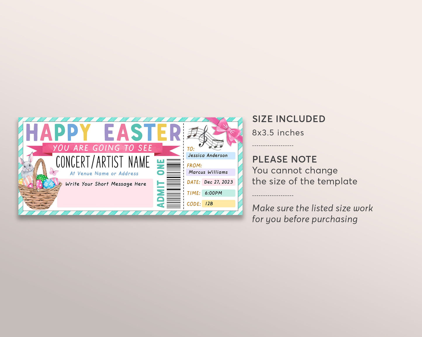 Easter Concert Ticket Gift Voucher Editable Template, Surprise Concert Gift Certificate, Music Show Artist Band Event Experience Reveal DIY