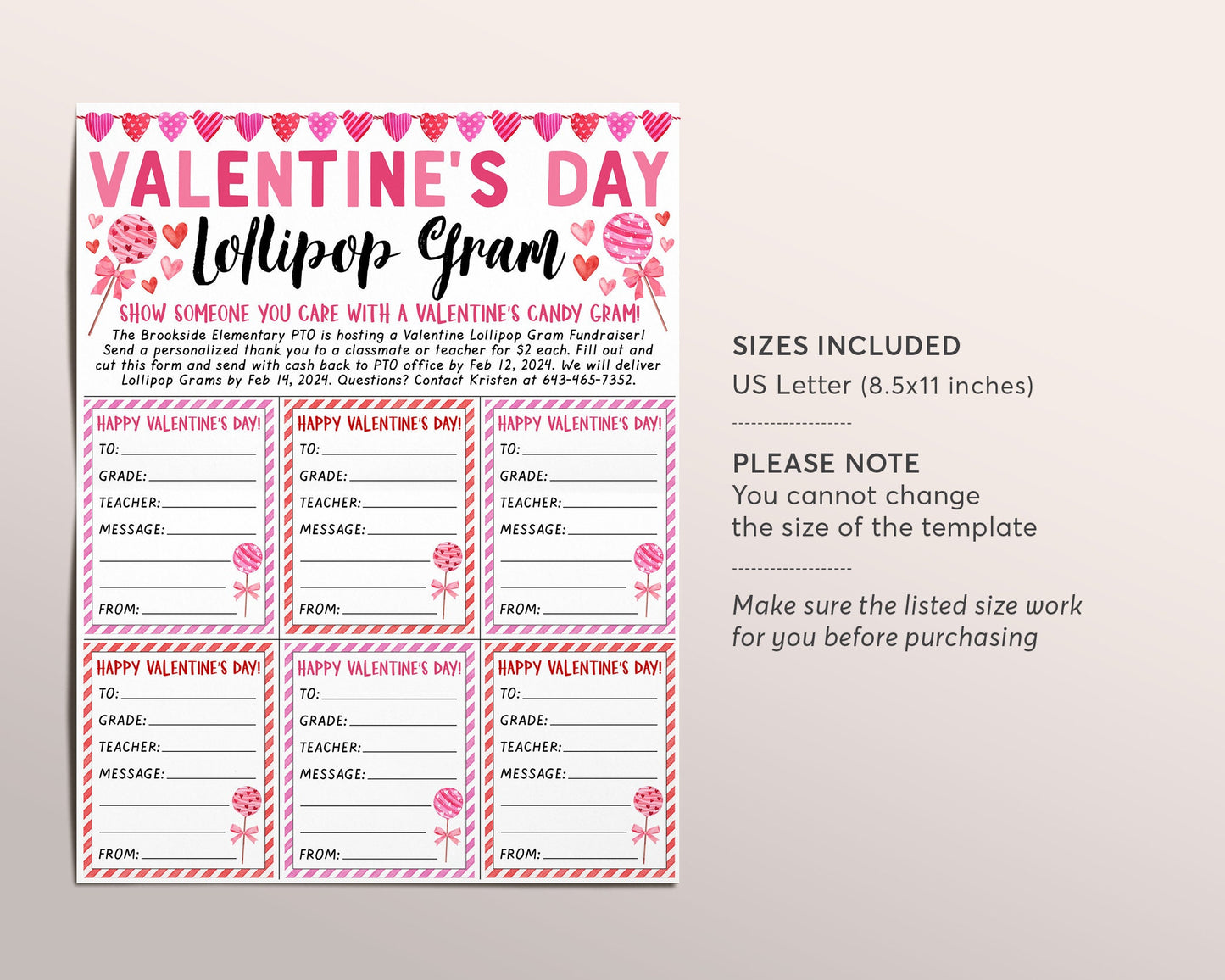Valentine's Day Lollipop Gram Editable Template, Valentine Candy Gram Feburary Fundraiser Event, Heart PTA PTO School Church Community