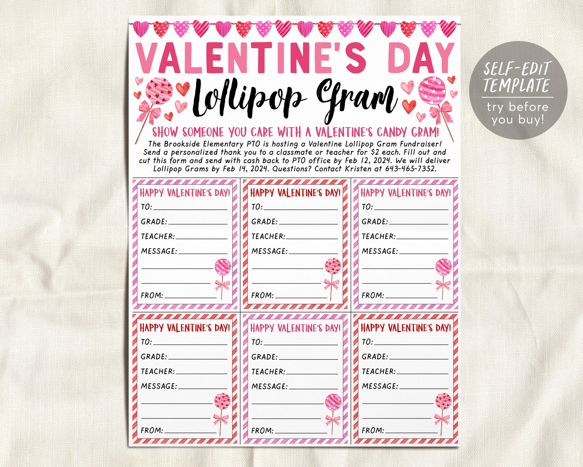 Valentine&#39;s Day Lollipop Gram Editable Template