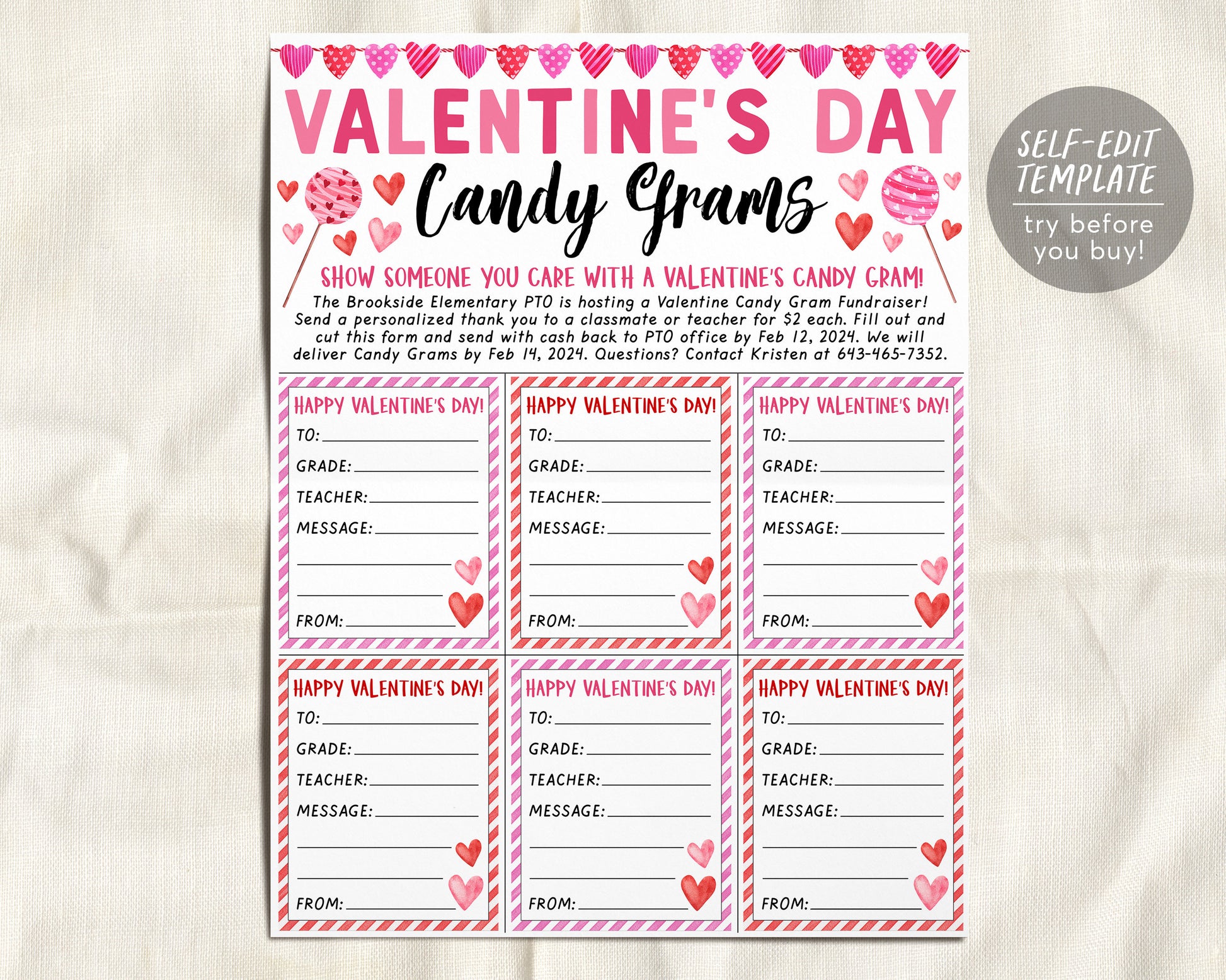 Valentine&#39;s Day Candy Gram Flyer Editable Template