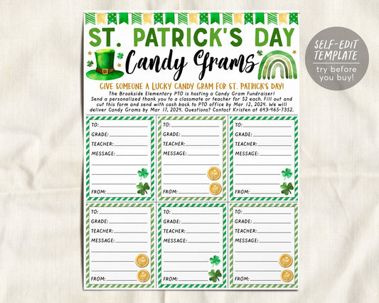 St. Patrick&#39;s Day Candy Gram Flyer Editable Template