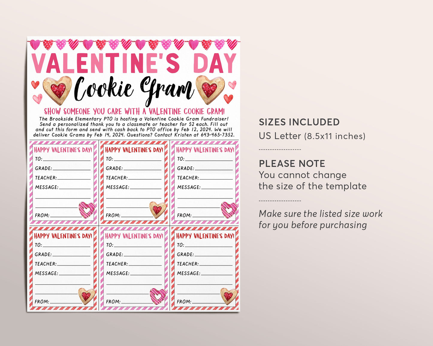 Valentine's Day Cookie Gram Flyer Editable Template, Valentine Heart Candy Gram Fundraiser Event, PTA PTO School Nonprofit Church Community