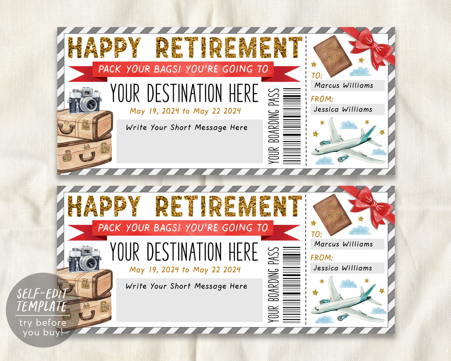 Retirement Boarding Pass Editable Template