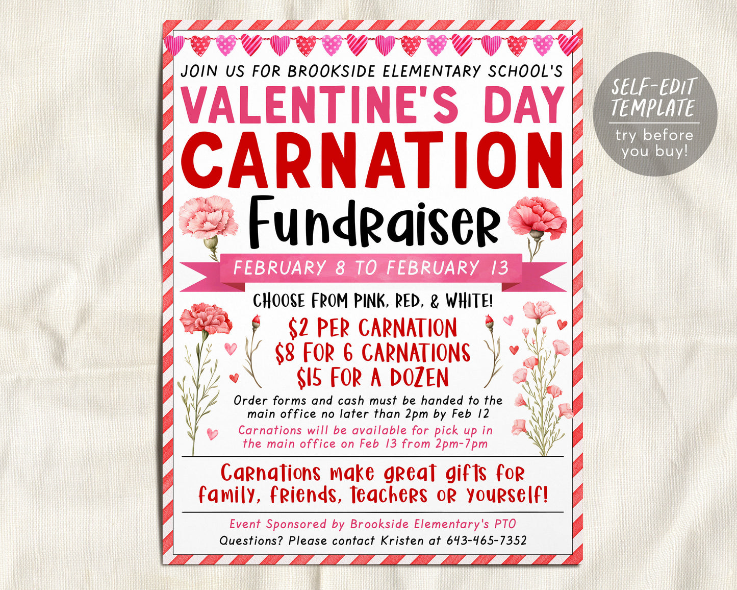 Valentine&#39;s Day Carnation Flower Fundraiser Flyer Editable Template