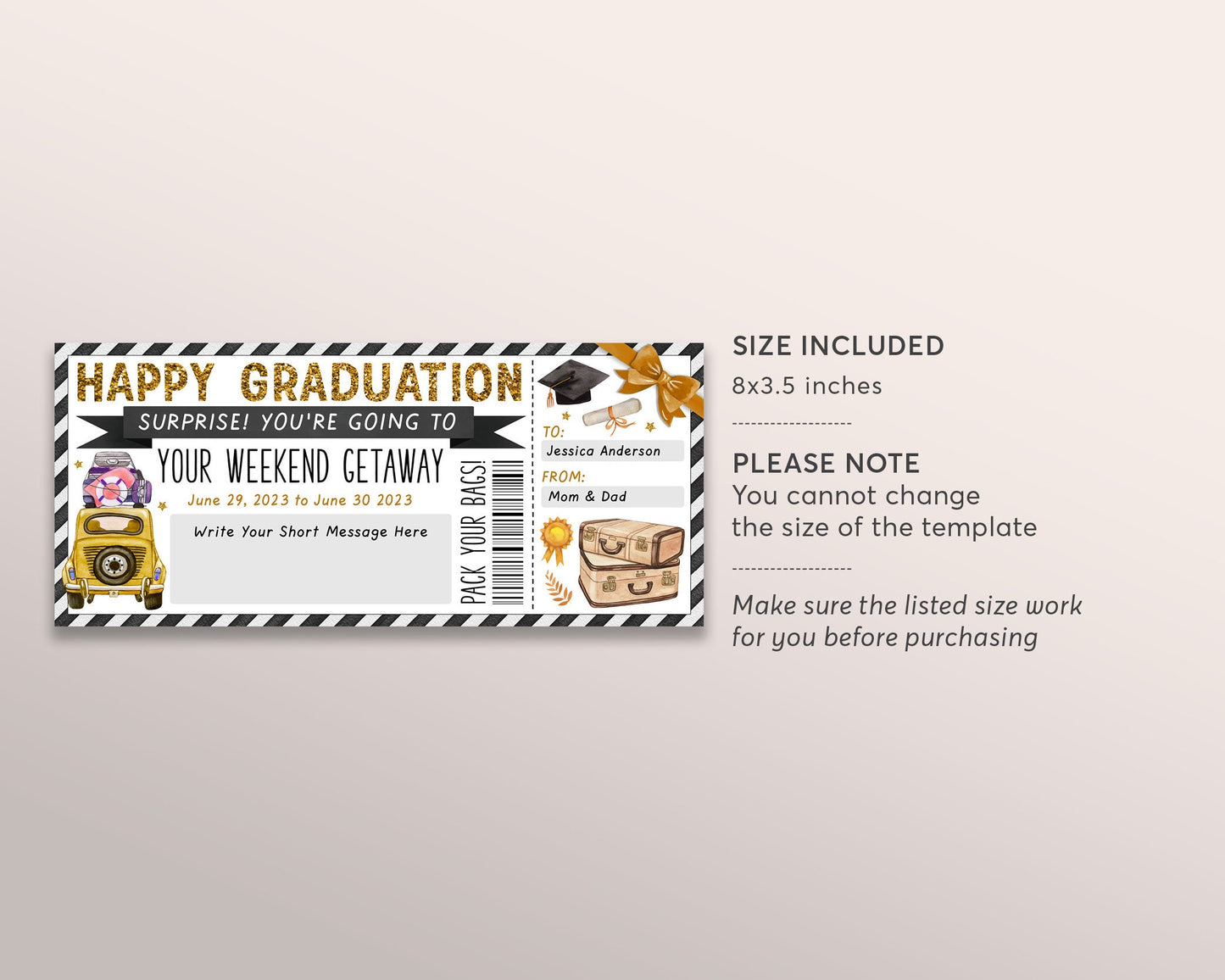 Graduation Weekend Getaway Voucher Editable Template, Surprise Vacation Travel Ticket Gift Certificate For New Graduate Road Trip Staycation