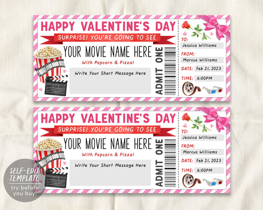 Valentines Day Movie Ticket Invitation Editable Template