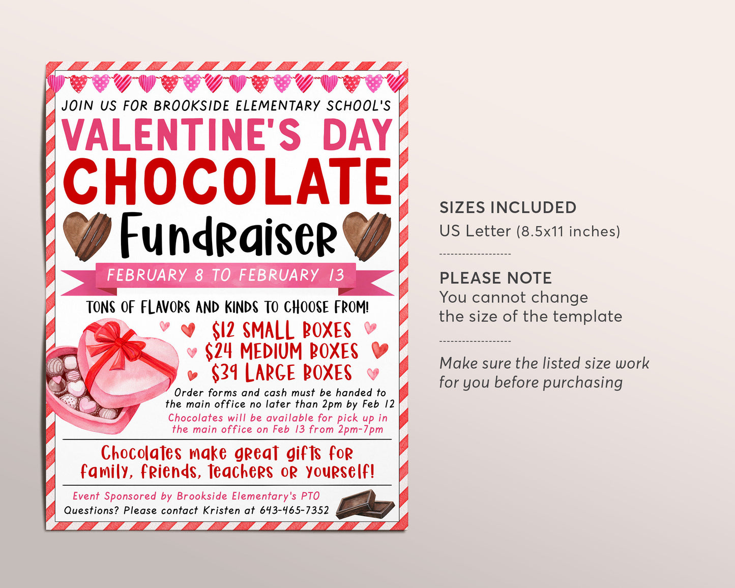 Valentine's Day Chocolates Fundraiser Flyer Editable Template, Valentine Chocolate Box Candy Sale Event, PTA PTO School Nonprofit Church