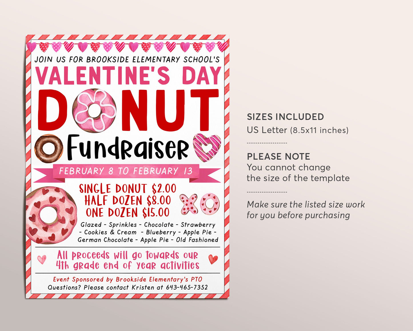 Valentine's Day Donut Fundraiser Flyer Editable Template, Valentine Bake Sale Donuts Fundraising Sale Event, PTA PTO School Nonprofit Church
