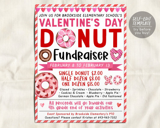 Valentine&#39;s Day Donut Fundraiser Flyer Editable Template