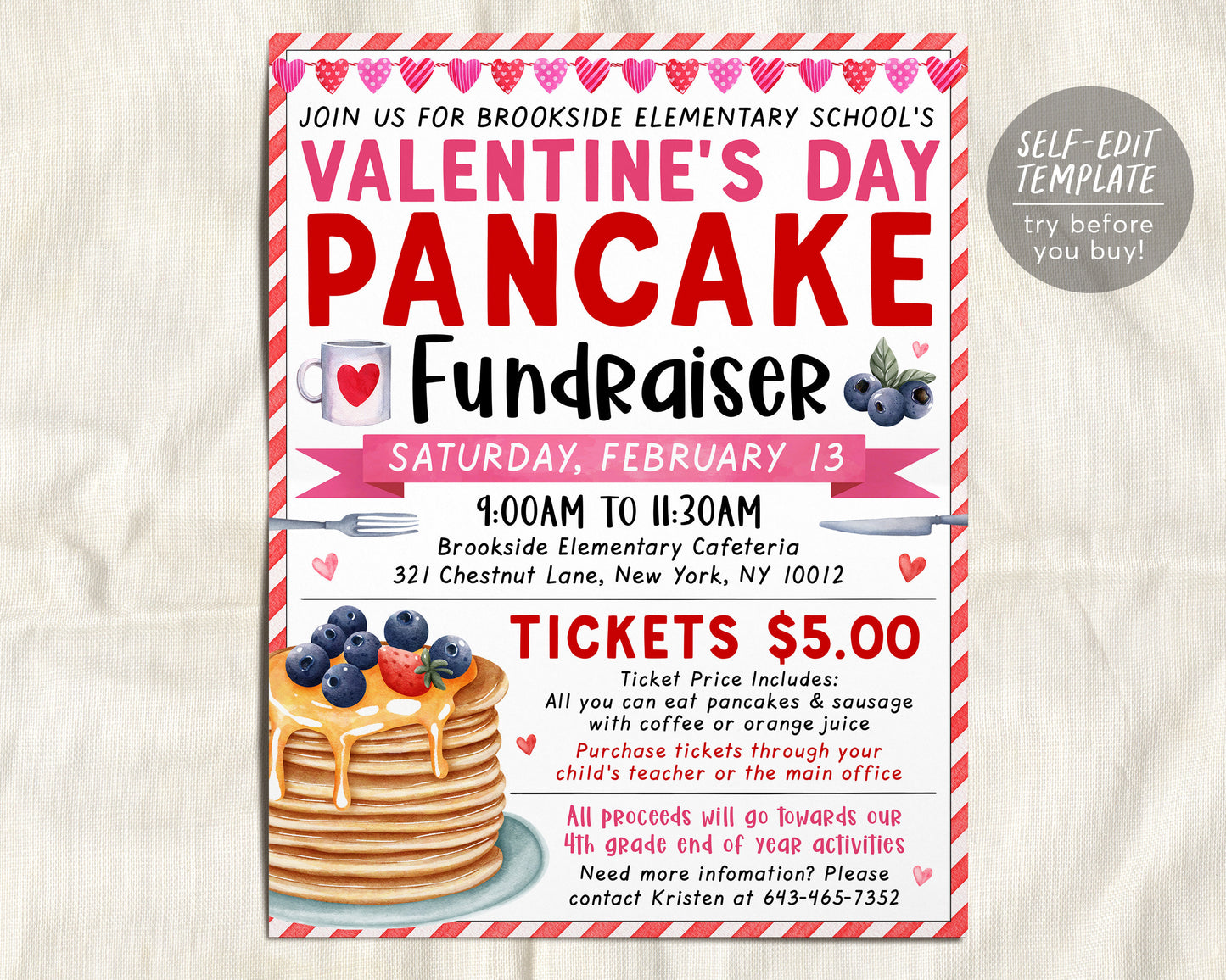 Valentine&#39;s Day Pancake Breakfast Fundraiser Flyer Editable Template