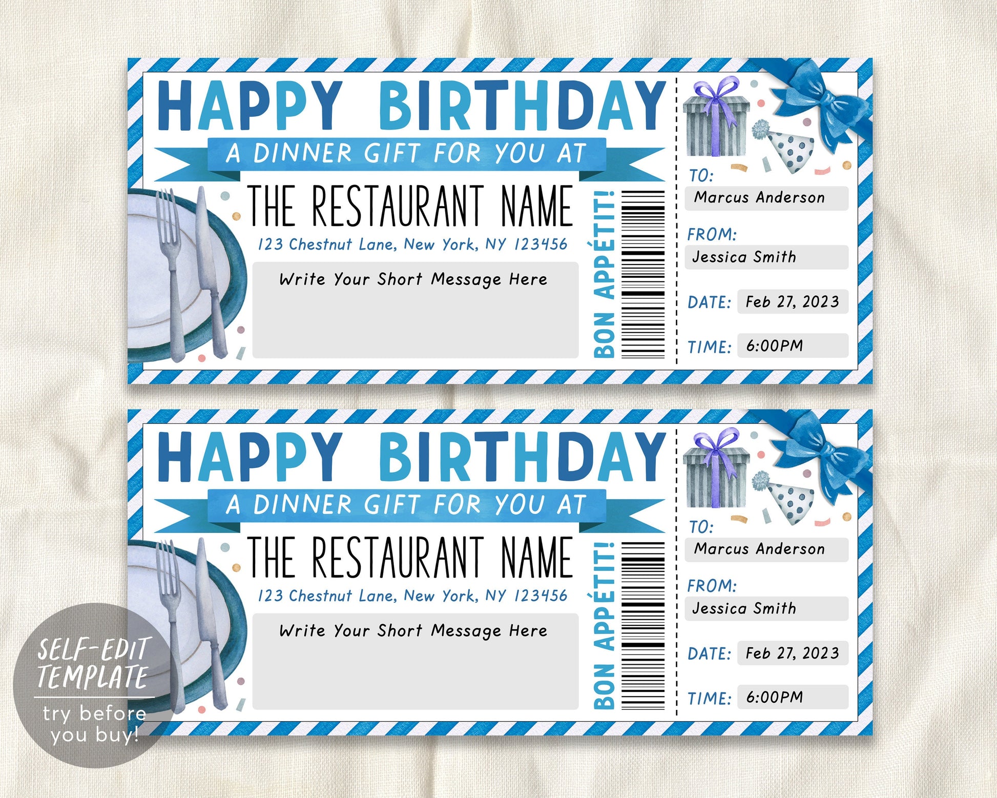 Birthday Restaurant Gift Voucher Editable Template, Surprise Dinner Da –  Puff Paper Co