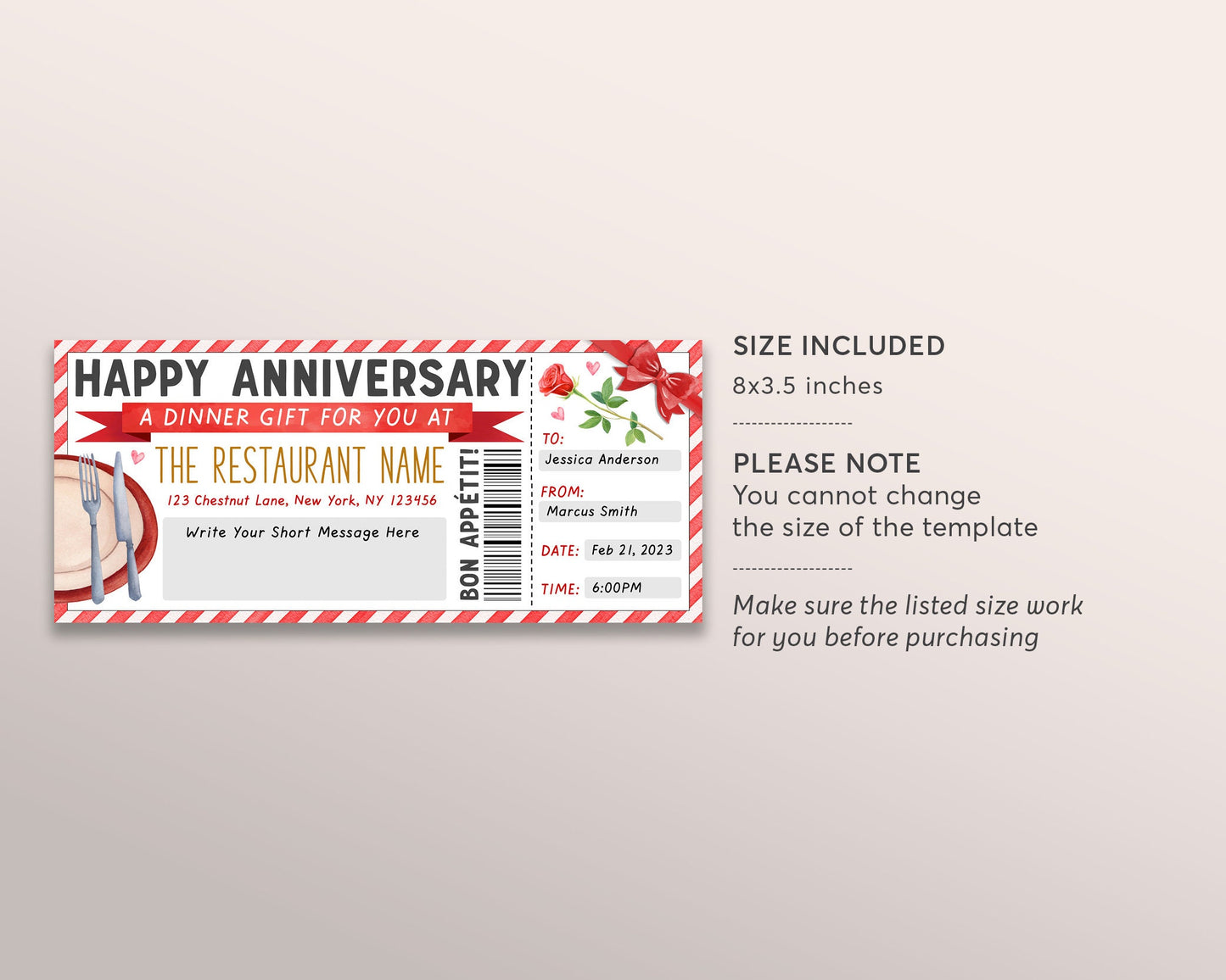 Restaurant Gift Voucher Editable Template, Wedding Anniversary Surprise Dinner Date Gift Certificate Printable, Dining Night Out Coupon