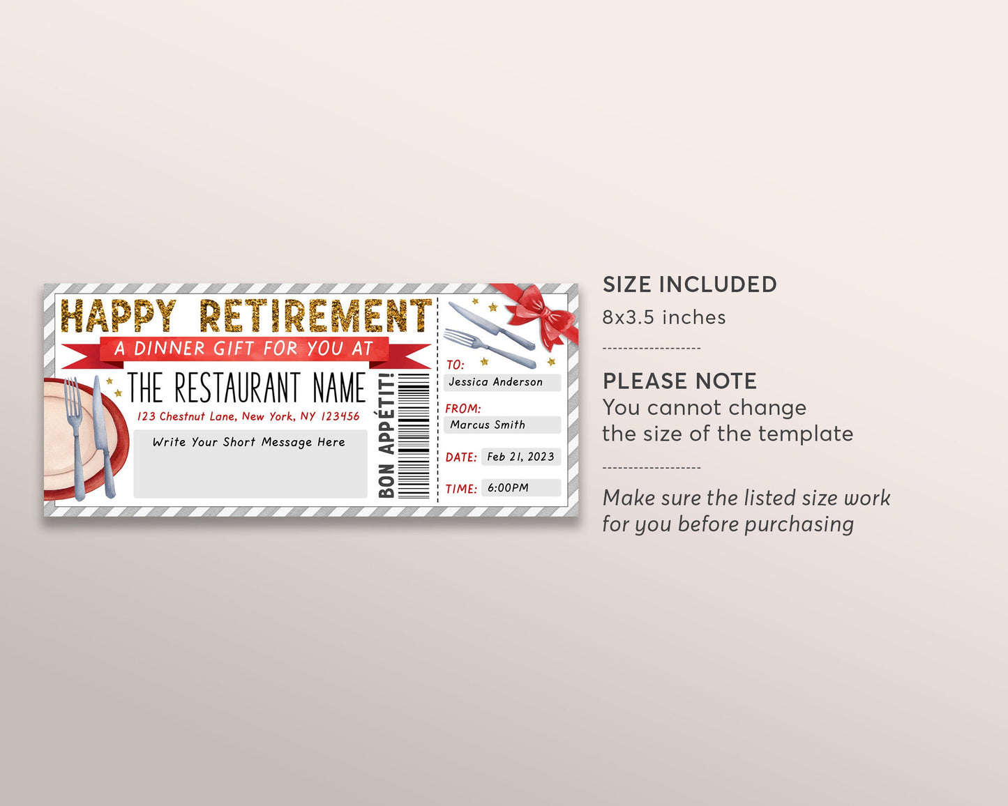 Retirement Surprise Dinner Gift Voucher Editable Template, Restaurant Gift Certificate Invite For Retiree, Dining Night Out Coupon Reveal