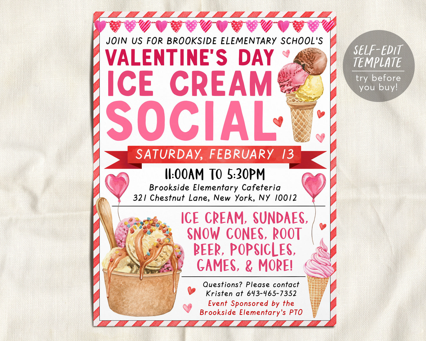 Valentine&#39;s Day Ice Cream Social Flyer Editable Template