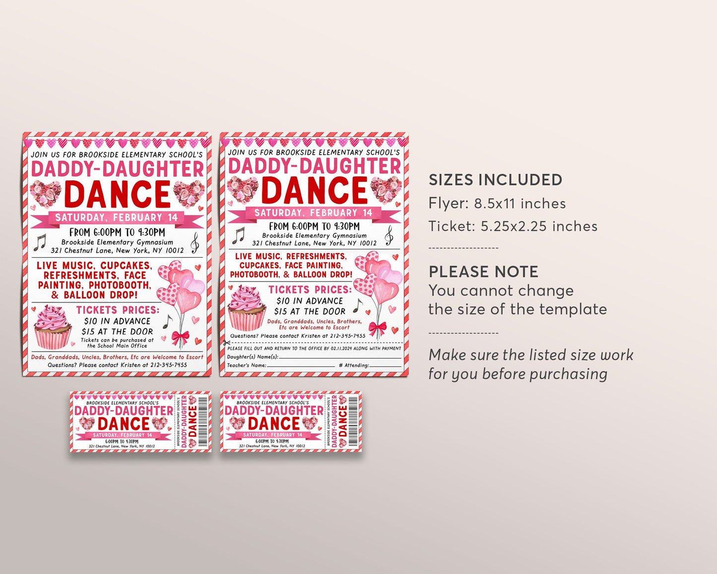 Valentines Day Daddy Daughter Dance Flyer Editable Template, Valentine School Sweetheart Dance Party Invitation Invite, School Dance Tickets