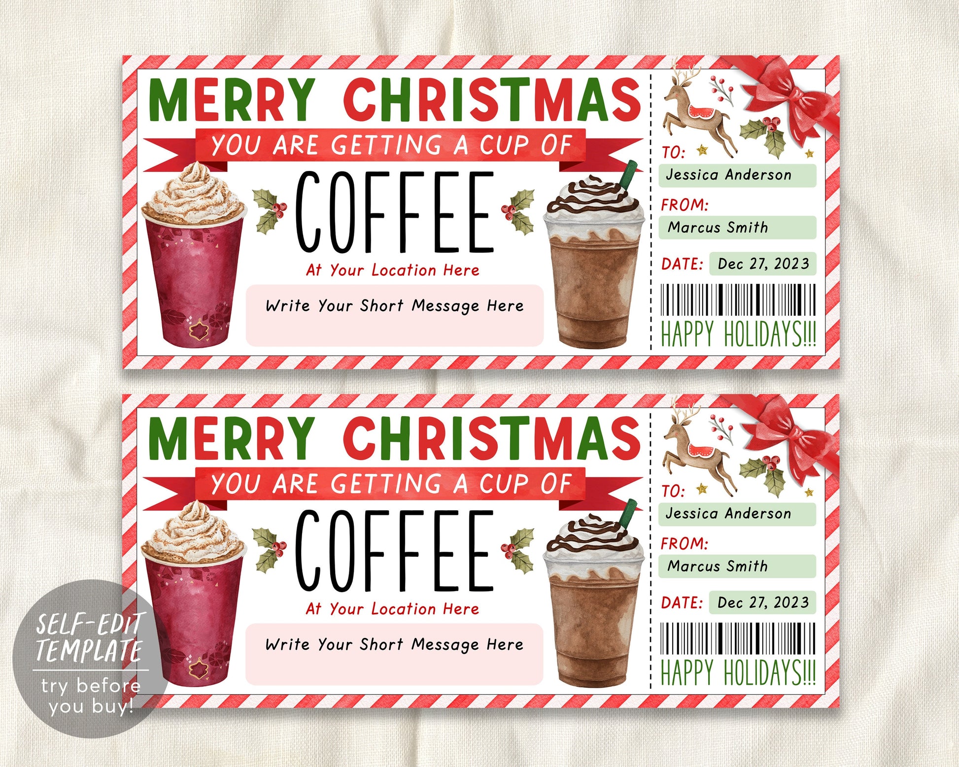 Christmas Coffee Gift Coupon Editable Template