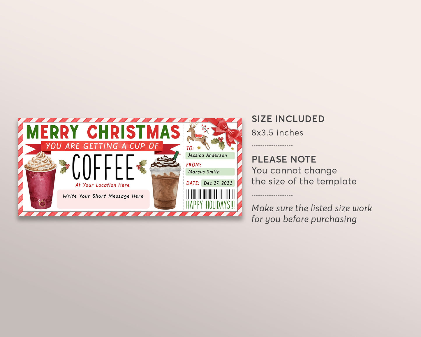 Christmas Coffee Gift Coupon Editable Template, Surprise Holiday Coffee Gift Certificate, Thanks A Latte Cafe Voucher Coffee Lover Gift Card