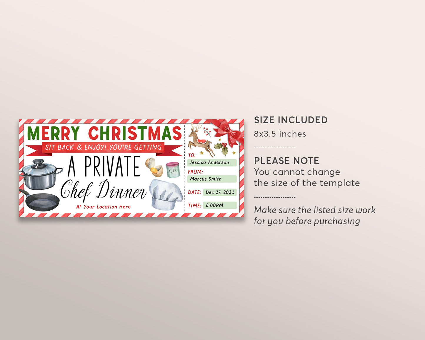 Christmas Private Chef Dinner Gift Voucher Editable Template, Surprise Personal Chef Experience, Private Dining Holiday Gift Certificate