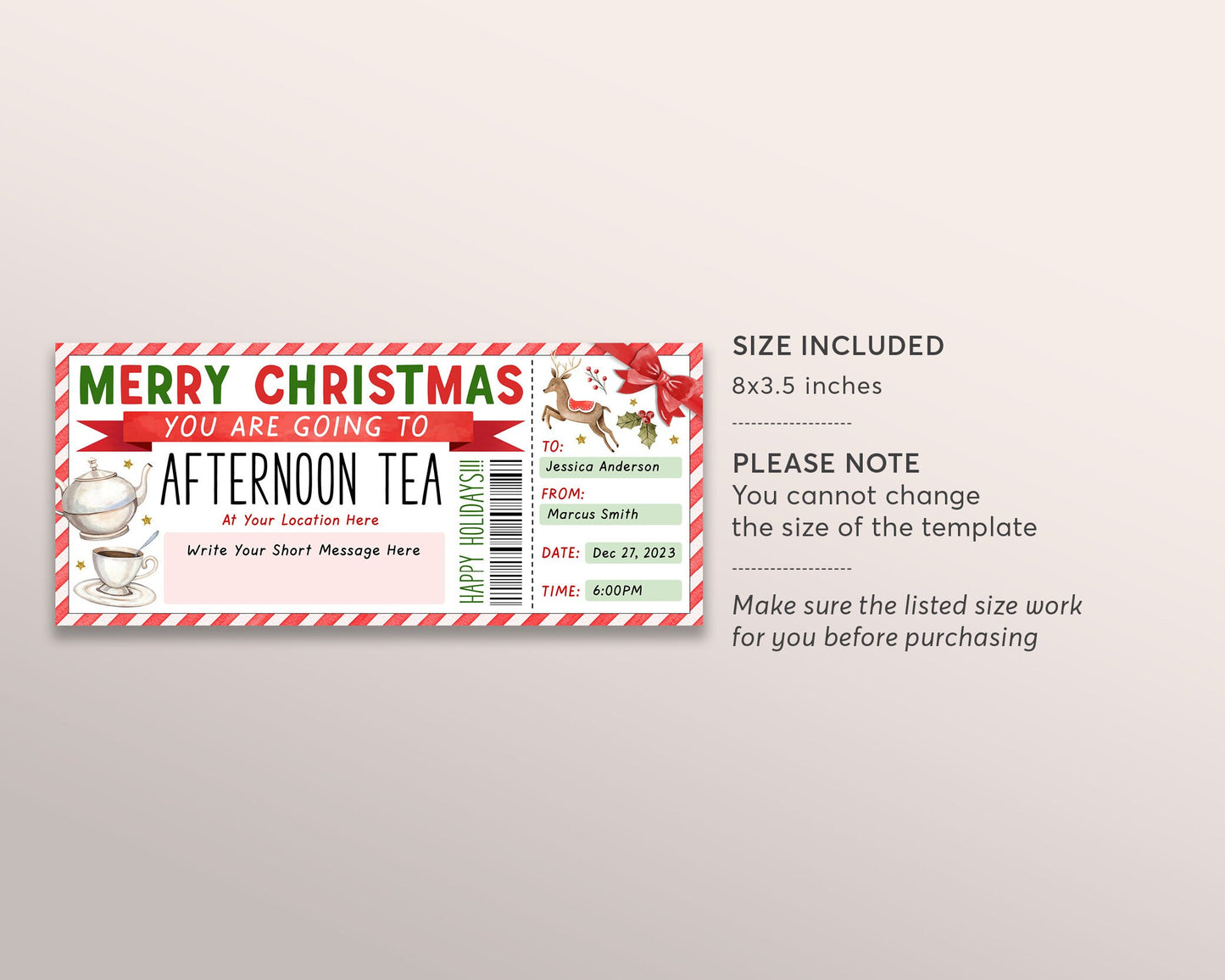 Afternoon Tea Gift Voucher Ticket Editable Template, English Afternoon Tea Gift Certificate, Holiday Xmas Coupon For Tea, Hotel High Tea