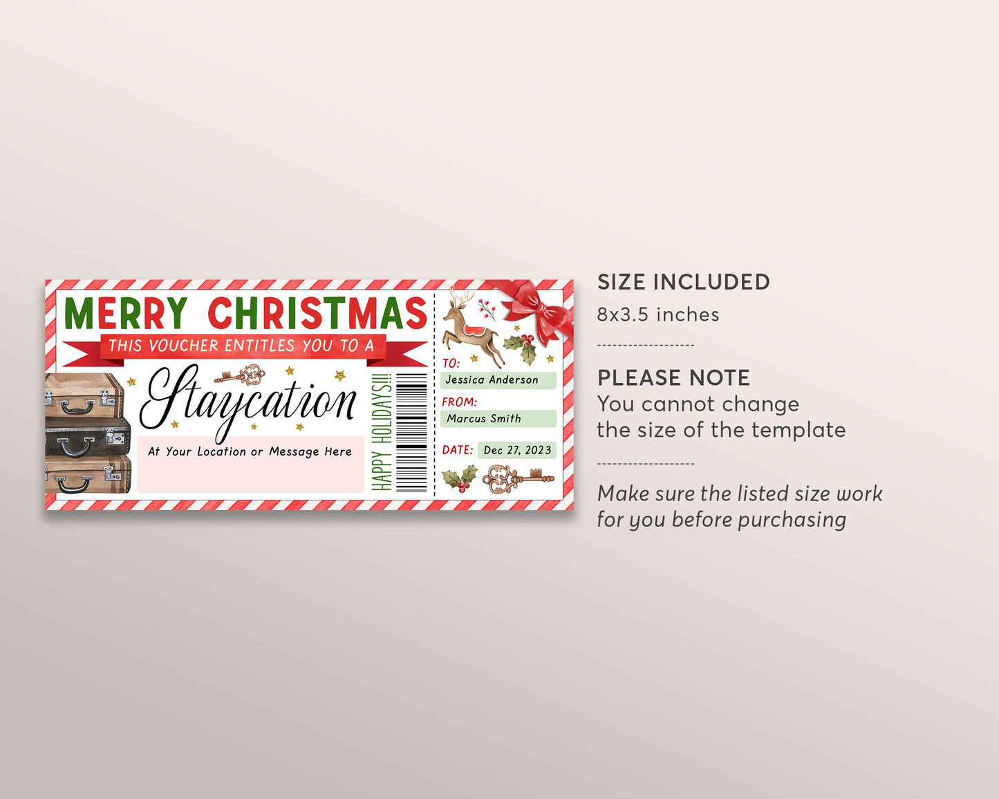 Christmas Staycation Voucher Editable Template, Surprise Holiday Weekend Getaway Hotel Ticket Gift Certificate Reveal, Pack Your Bags Trip