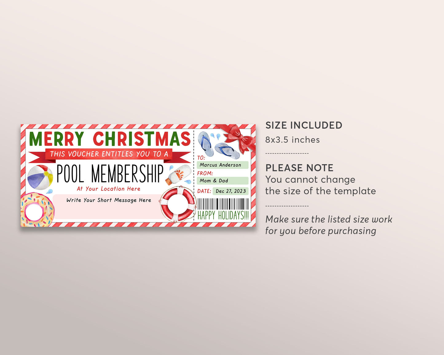 Christmas Pool Membership Gift Certificate Ticket Editable Template, Surprise Swim Club Season Pass Voucher Coupon, Surprise Pool Reveal