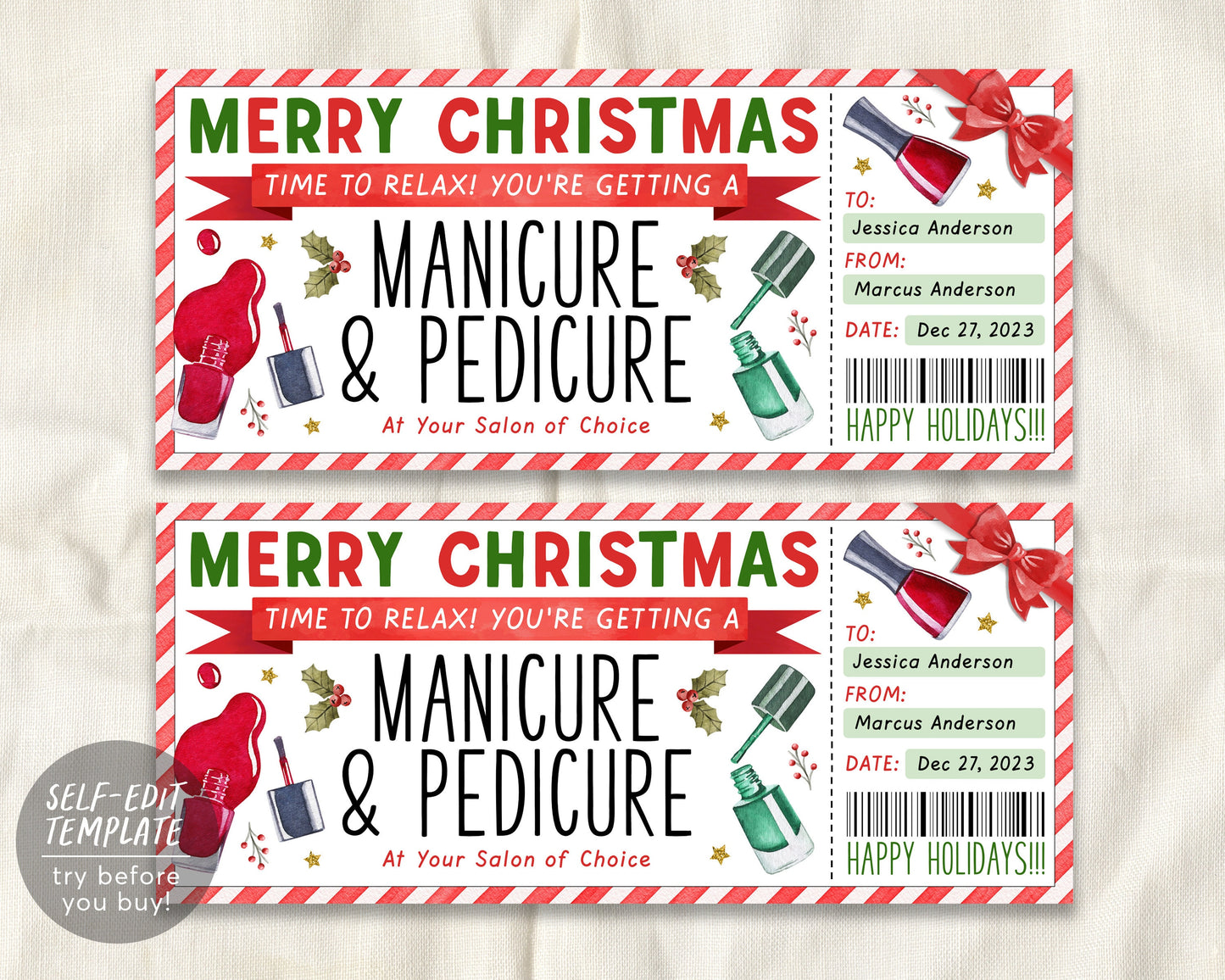 Christmas Manicure Pedicure Ticket Ticket Editable Template