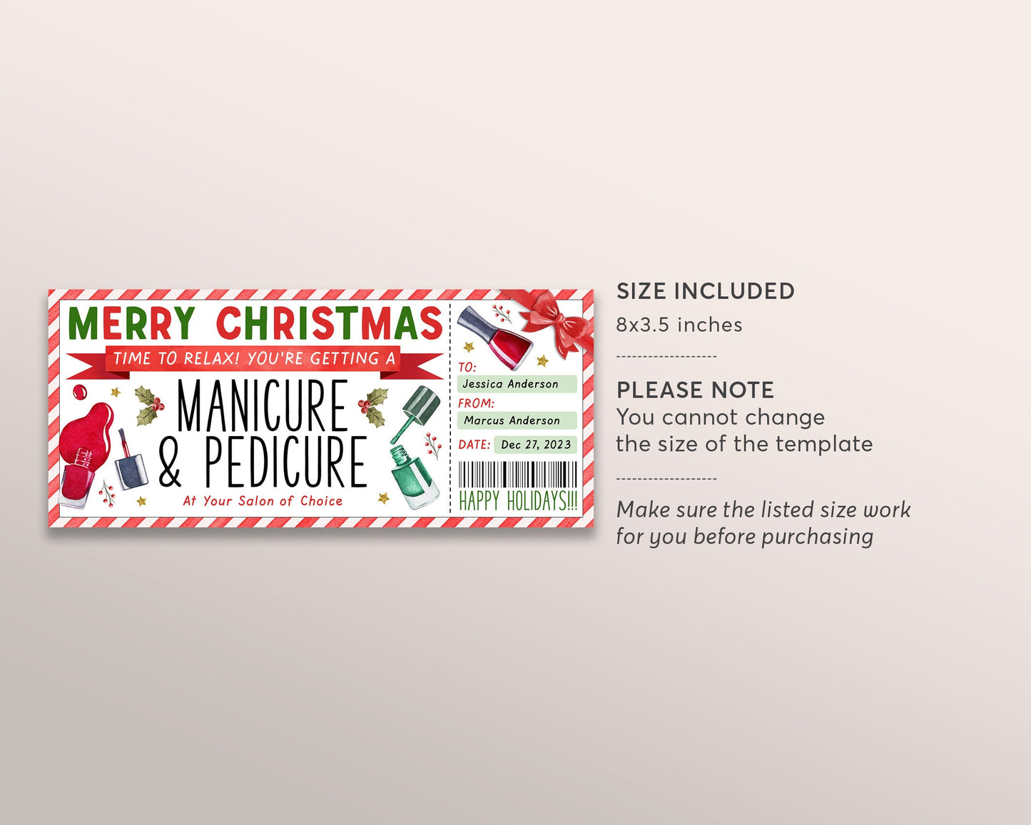 Christmas Manicure Pedicure Ticket Editable Template, Surprise Mani Pedi Gift Certificate, Nail Salon Spa Voucher Coupon Holiday Reveal DIY