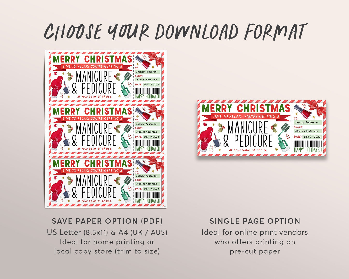 Christmas Manicure Pedicure Ticket Editable Template, Surprise Mani Pedi Gift Certificate, Nail Salon Spa Voucher Coupon Holiday Reveal DIY