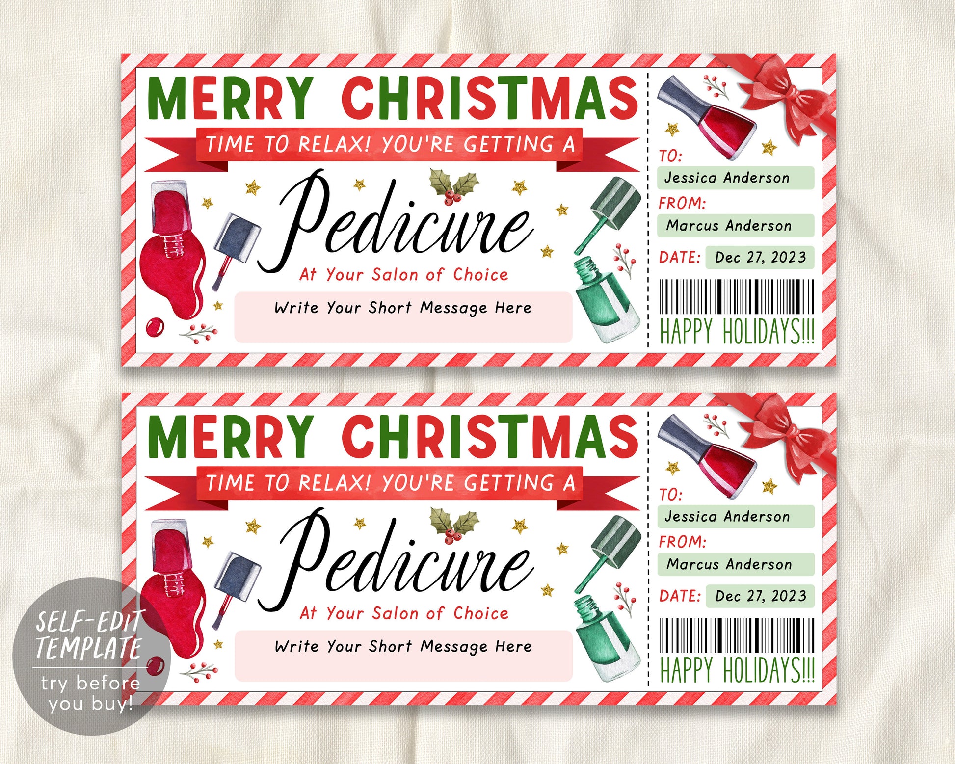 Christmas Pedicure Ticket Editable Template