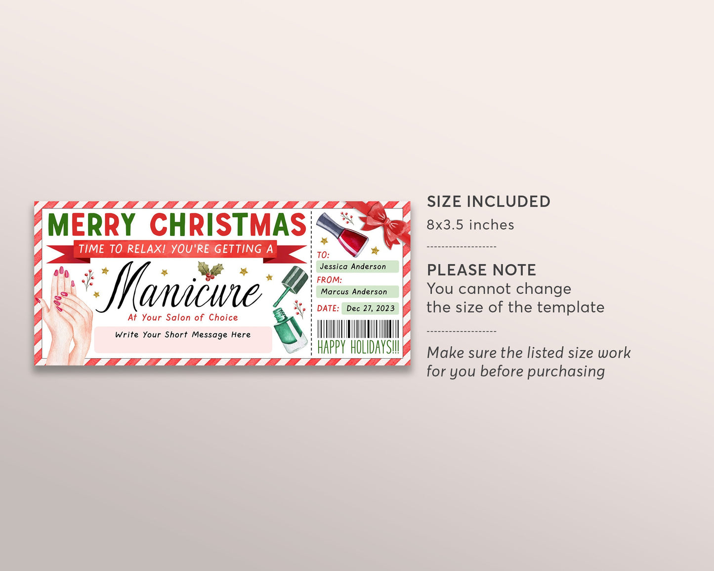 Christmas Manicure Ticket Editable Template, Surprise Mani Pedi Gift Certificate, Nail Salon Spa Voucher Coupon Holiday Reveal Printable DIY