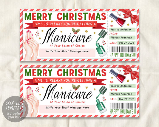 Christmas Manicure Ticket Editable Template