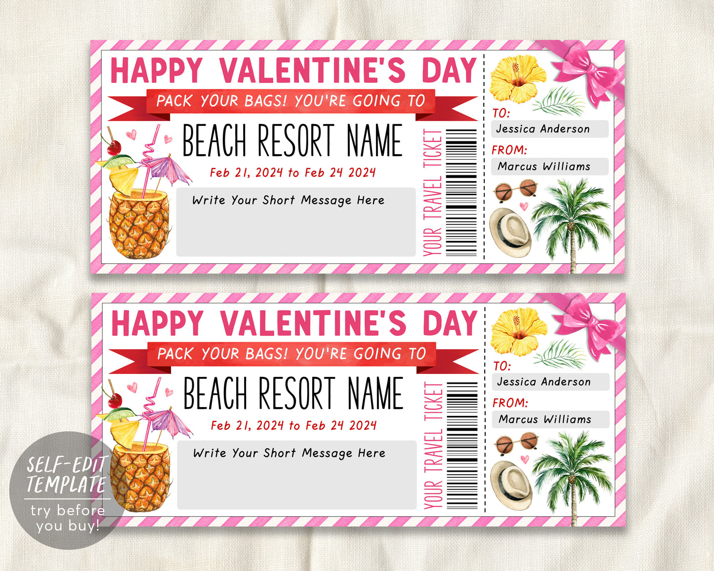 Beach Resort Vacation Travel Ticket Editable Template