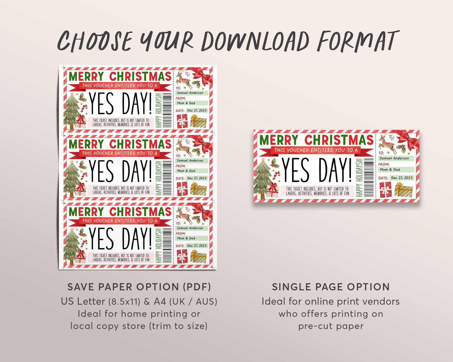 Christmas Yes Day Ticket Editable Template, Surprise Best Day Ever Gift Certificate For Kids Holiday Gift Card Fun Experience Voucher Coupon