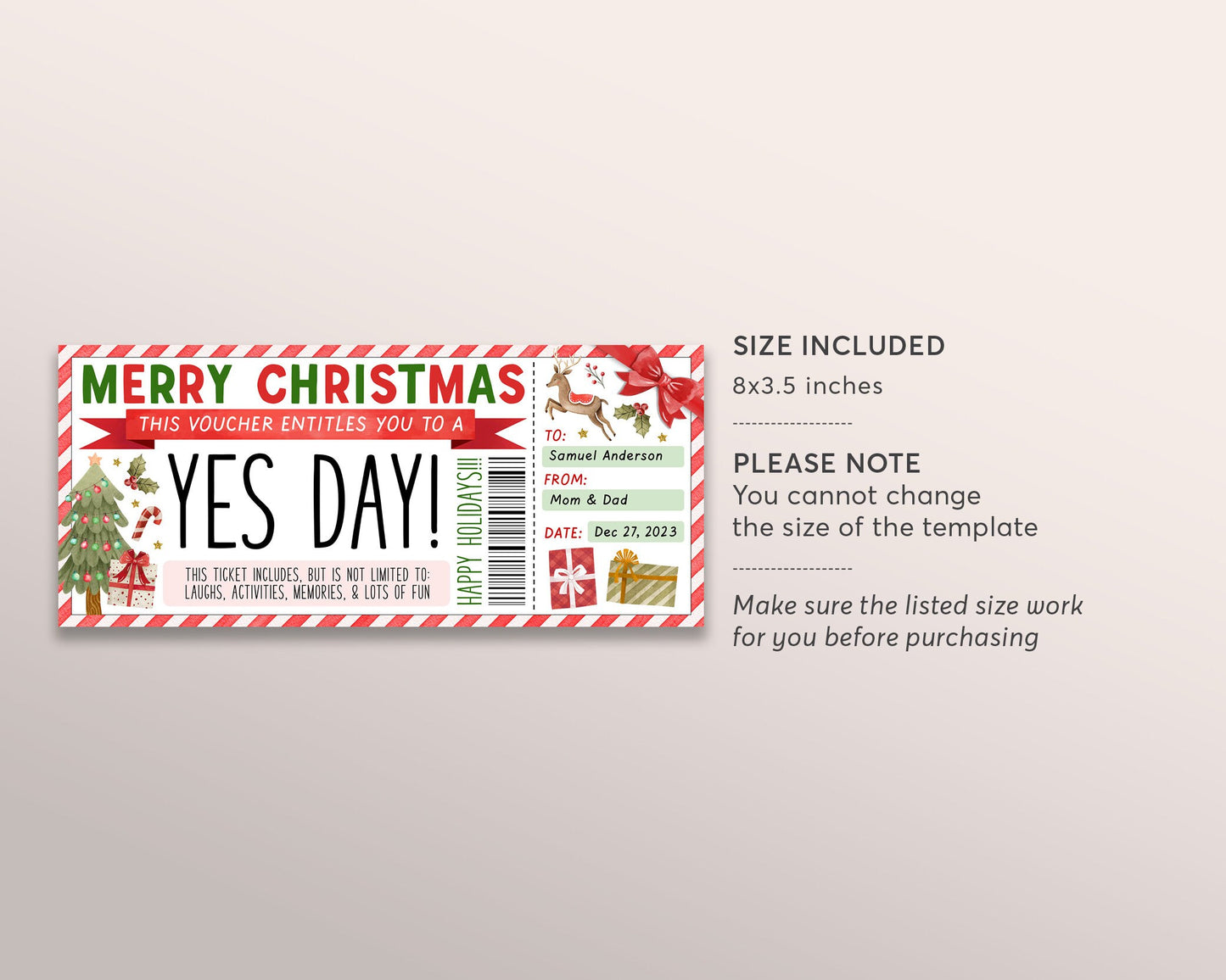 Christmas Yes Day Ticket Editable Template, Surprise Best Day Ever Gift Certificate For Kids Holiday Gift Card Fun Experience Voucher Coupon
