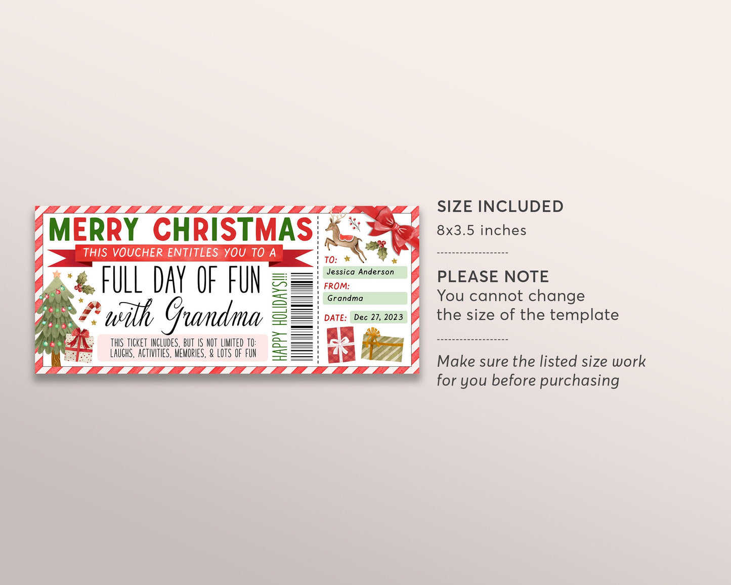Christmas Fun Day Ticket Editable Template, Surprise Day Of Fun with Grandma Gift Certificate For Kids, Holiday Fun Experience Voucher DIY