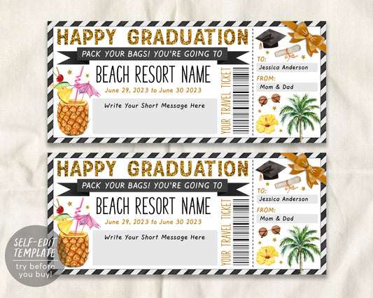 Beach Resort Vacation Travel Ticket Editable Template