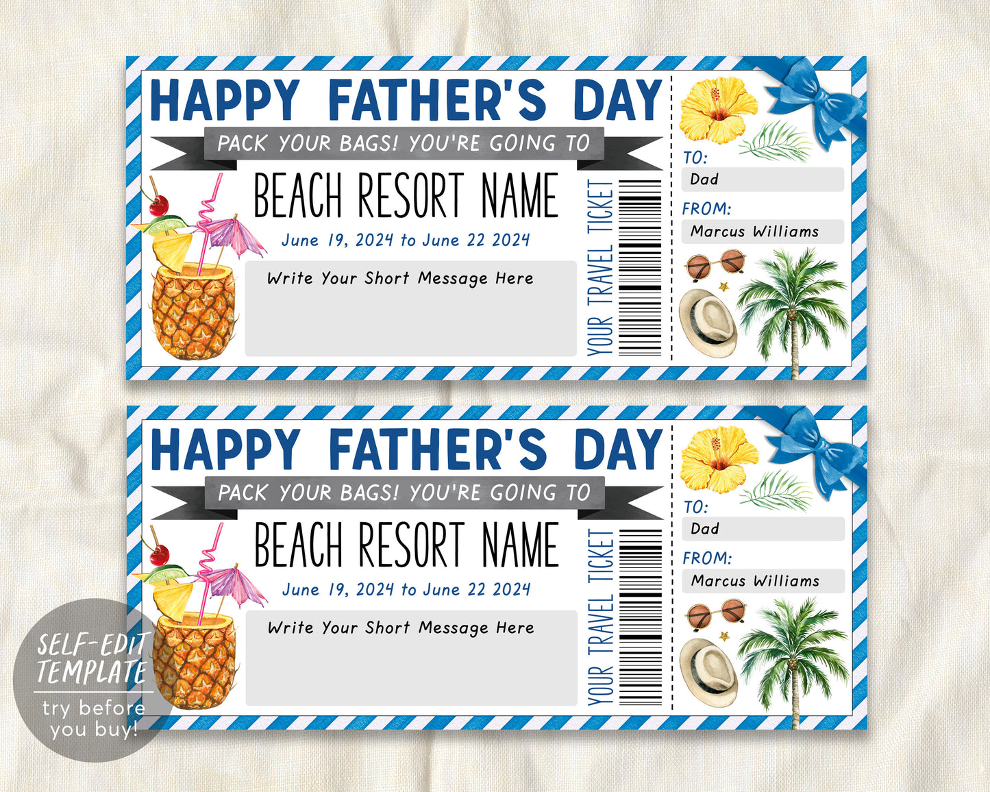 Fathers Day Beach Resort Vacation Travel Ticket Editable Template