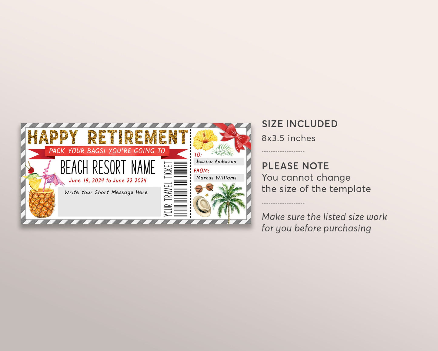 Retirement Beach Resort Vacation Travel Ticket Editable Template, Surprise Trip Reveal For Retiree, Tropical Weekend Getaway Voucher DIY