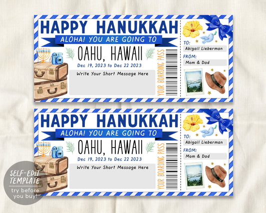 Happy Hanukkah Hawaii Plane Ticket Boarding Pass Editable Template