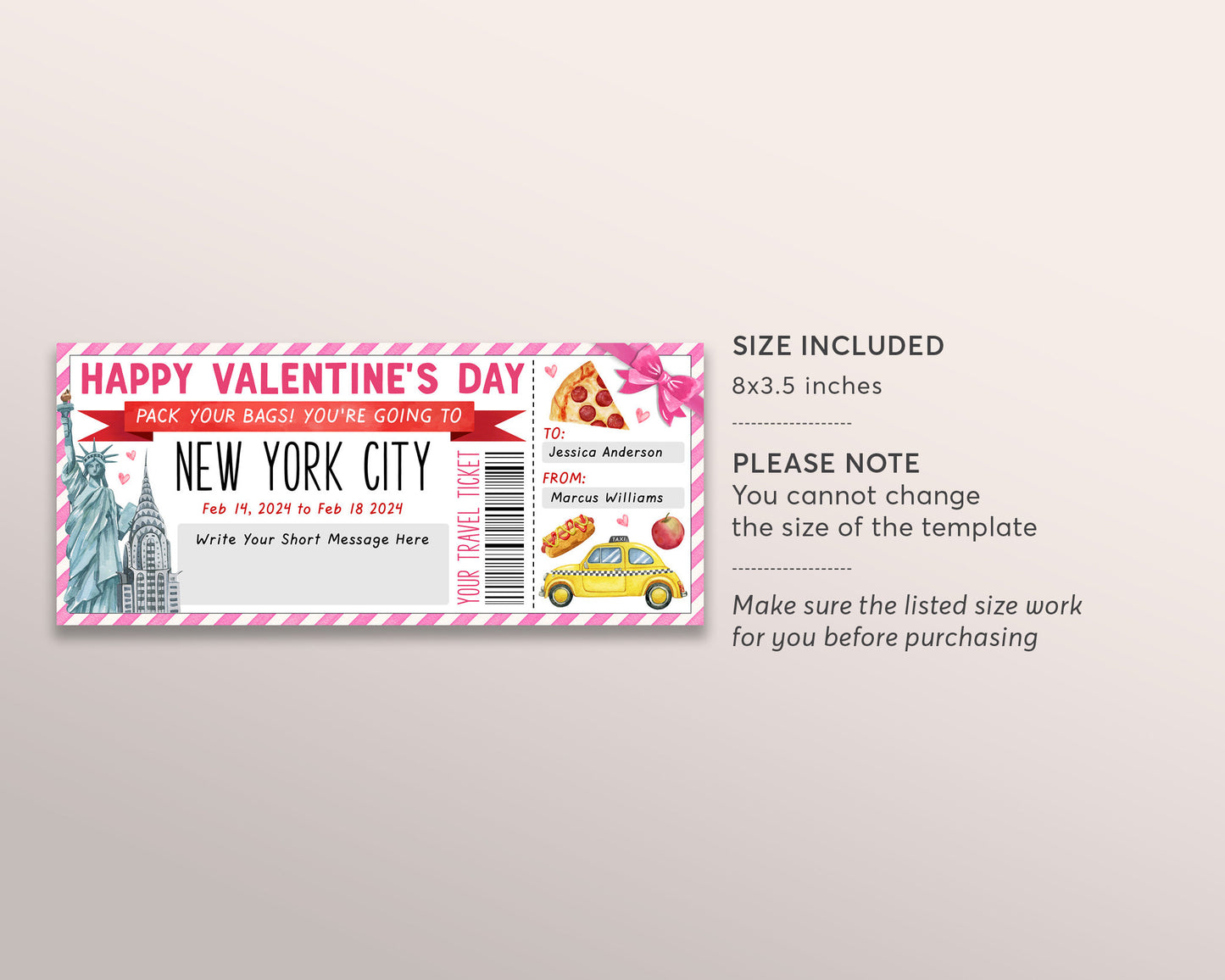 New York City Trip Ticket Editable Template, Valentines Day Surprise Travel Vacation Gift Certificate For Girlfriend Wife, NYC Trip Reveal