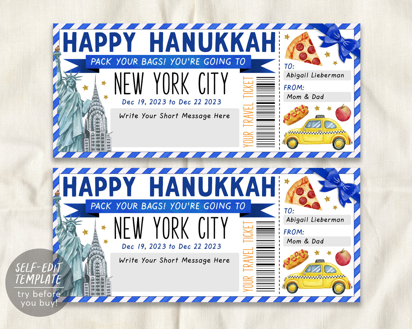 Happy Hanukkah New York City Trip Ticket Editable Template
