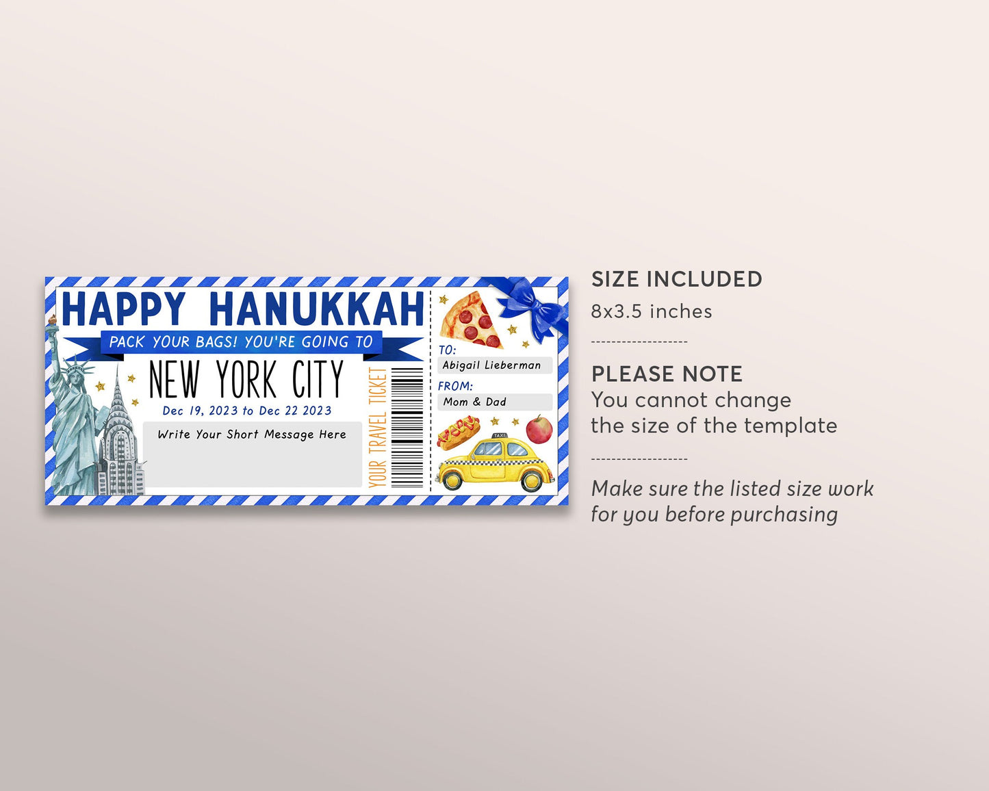 Hanukkah New York City Trip Ticket Editable Template, Surprise Chanukah Travel Vacation Gift Certificate, NYC Trip Reveal, Pack Your Bags