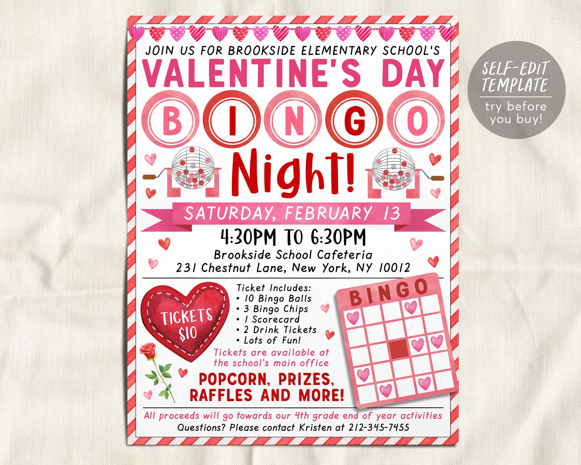 Valentine&#39;s Day Bingo Night Fundraiser Flyer Editable Template