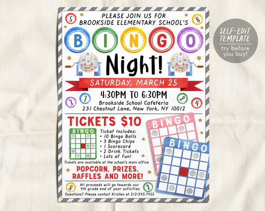 Bingo Night Fundraiser Flyer Editable Template