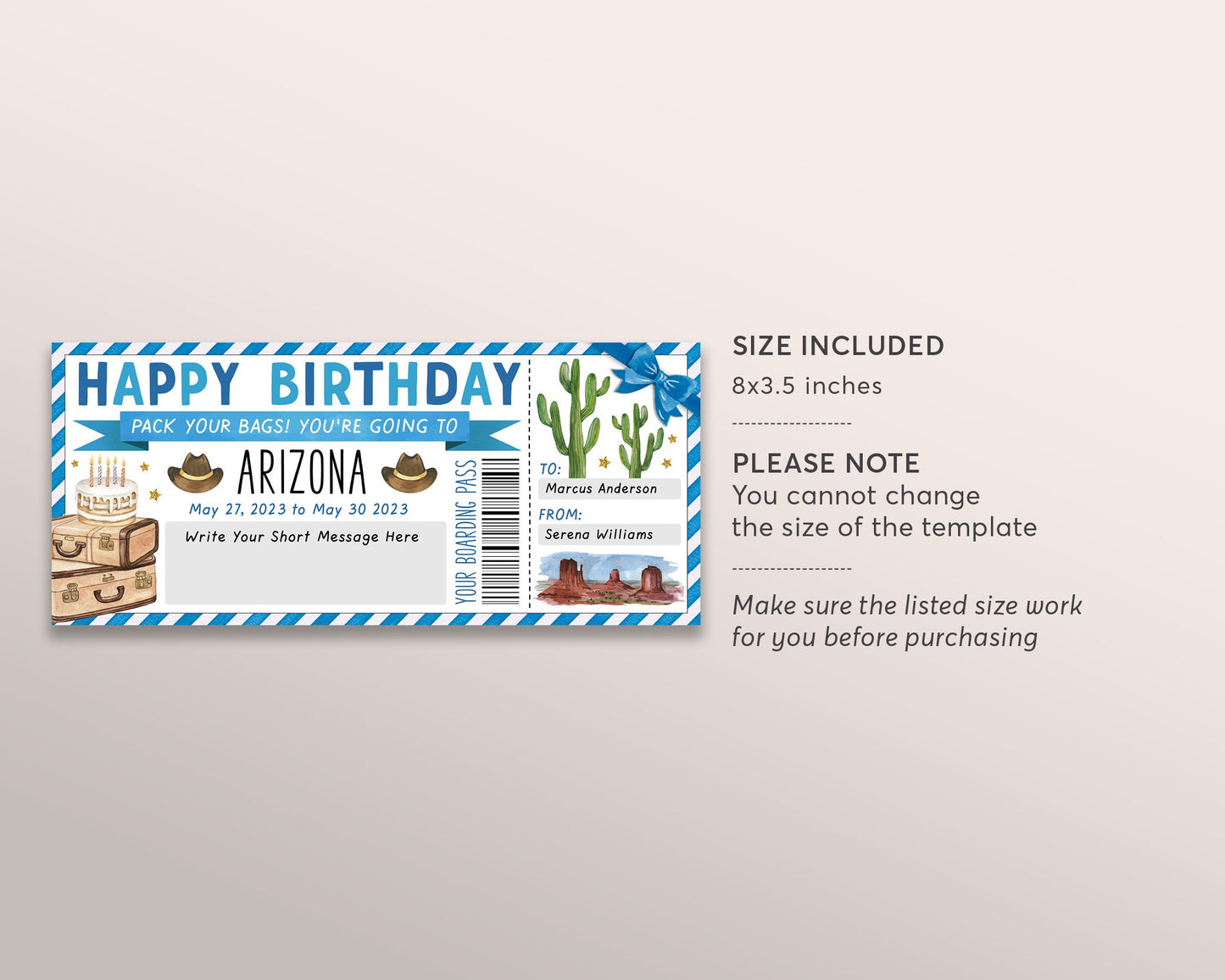 Arizona Trip Ticket Boarding Pass Editable Template, Surprise Birthday Travel Vacation Airline Ticket Gift Certificate, Holiday Trip Reveal