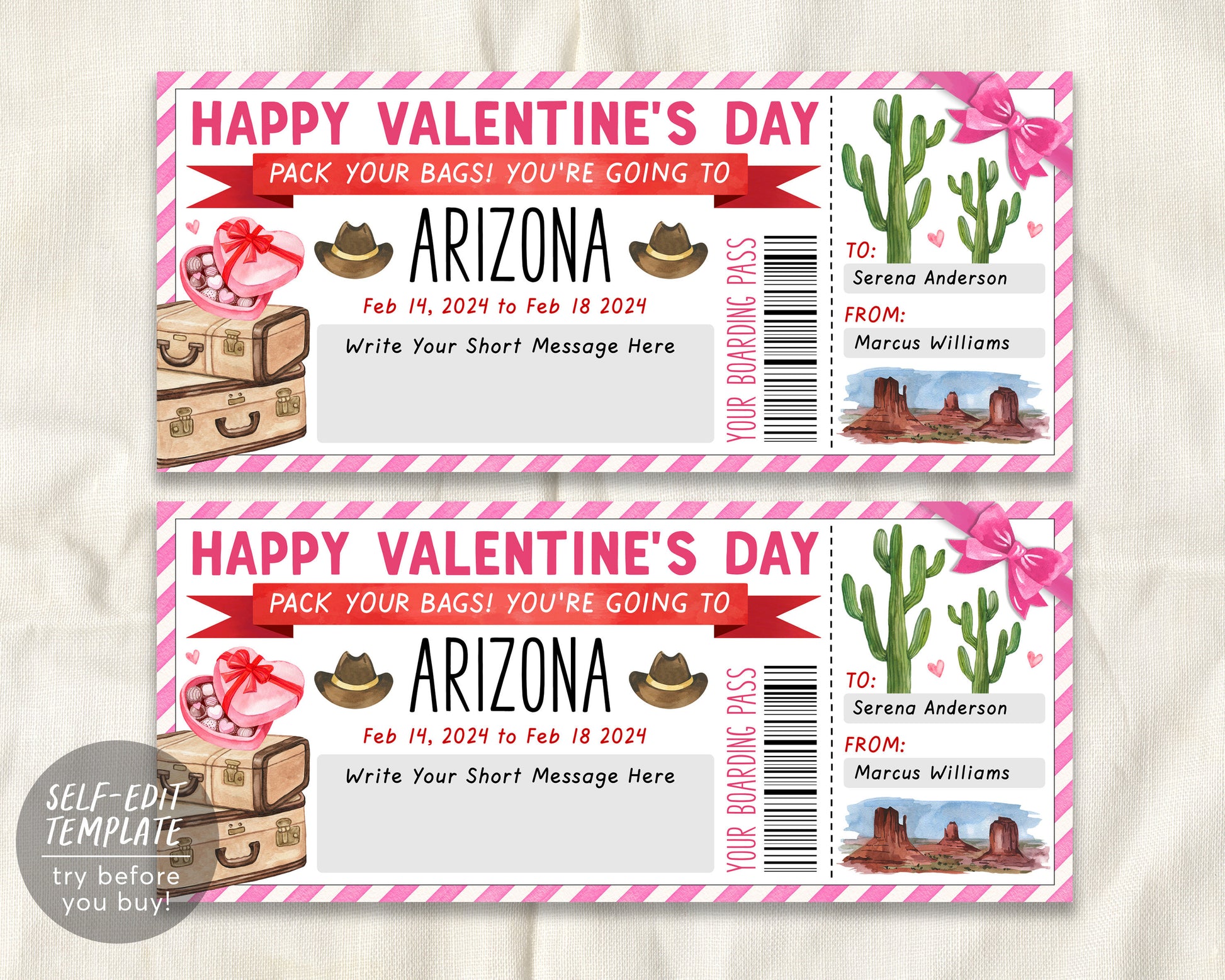 Arizona Trip Ticket Boarding Pass Editable Template