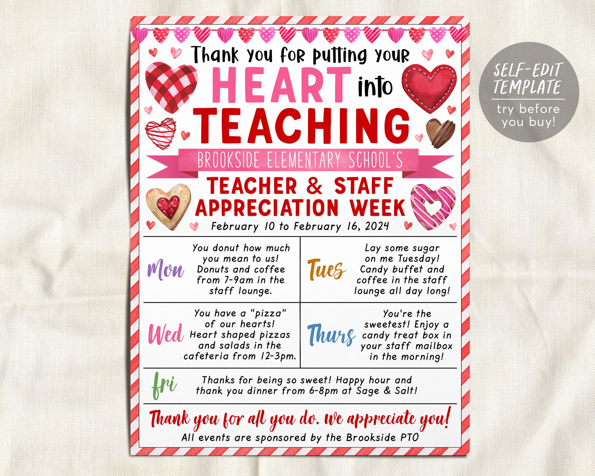 Valentine&#39;s Day Teacher Staff Appreciation Week Itinerary Flyer Editable Template