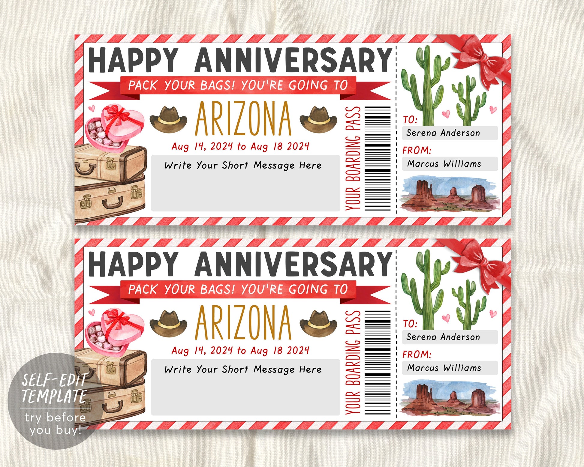 Wedding Anniversary Arizona Trip Ticket Boarding Pass Editable Template