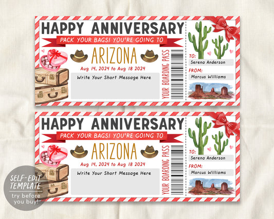 Wedding Anniversary Arizona Trip Ticket Boarding Pass Editable Template